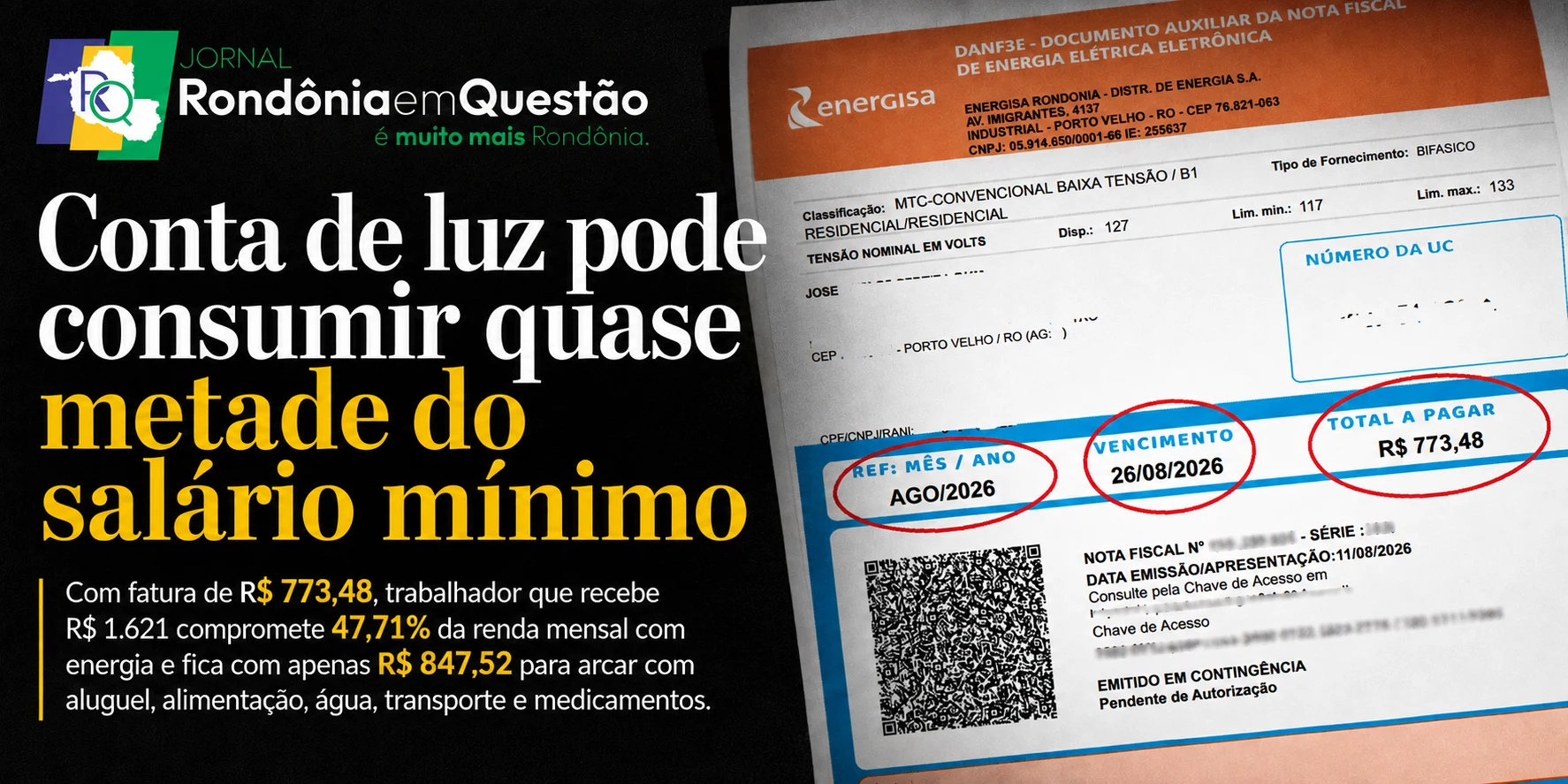 Conta de luz pode consumir quase metade do salário mínimo e expõe drama de famílias em Rondônia